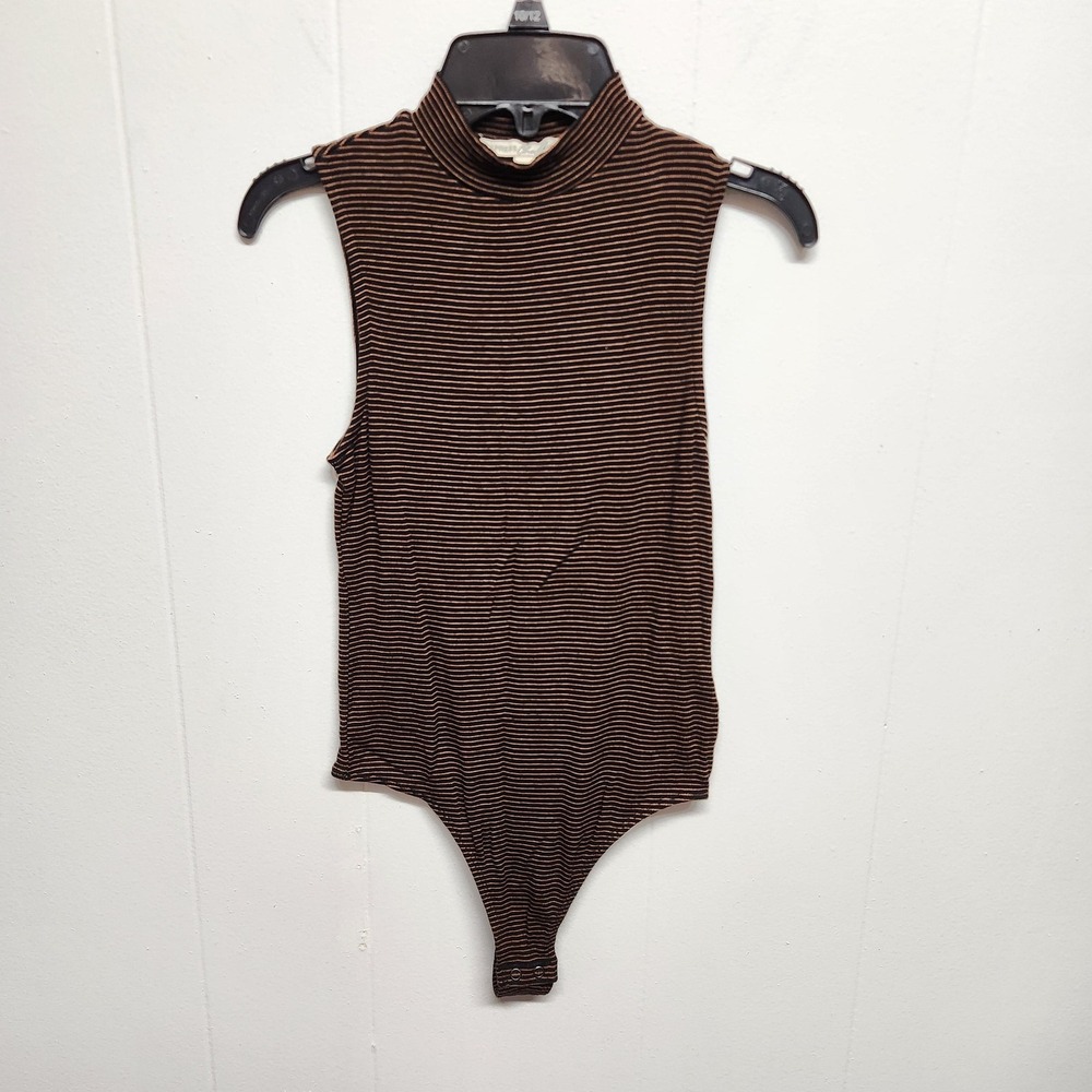 Express Bodysuit Womens XS Brown Striped Sleeveless Mock Neck Snap Closure